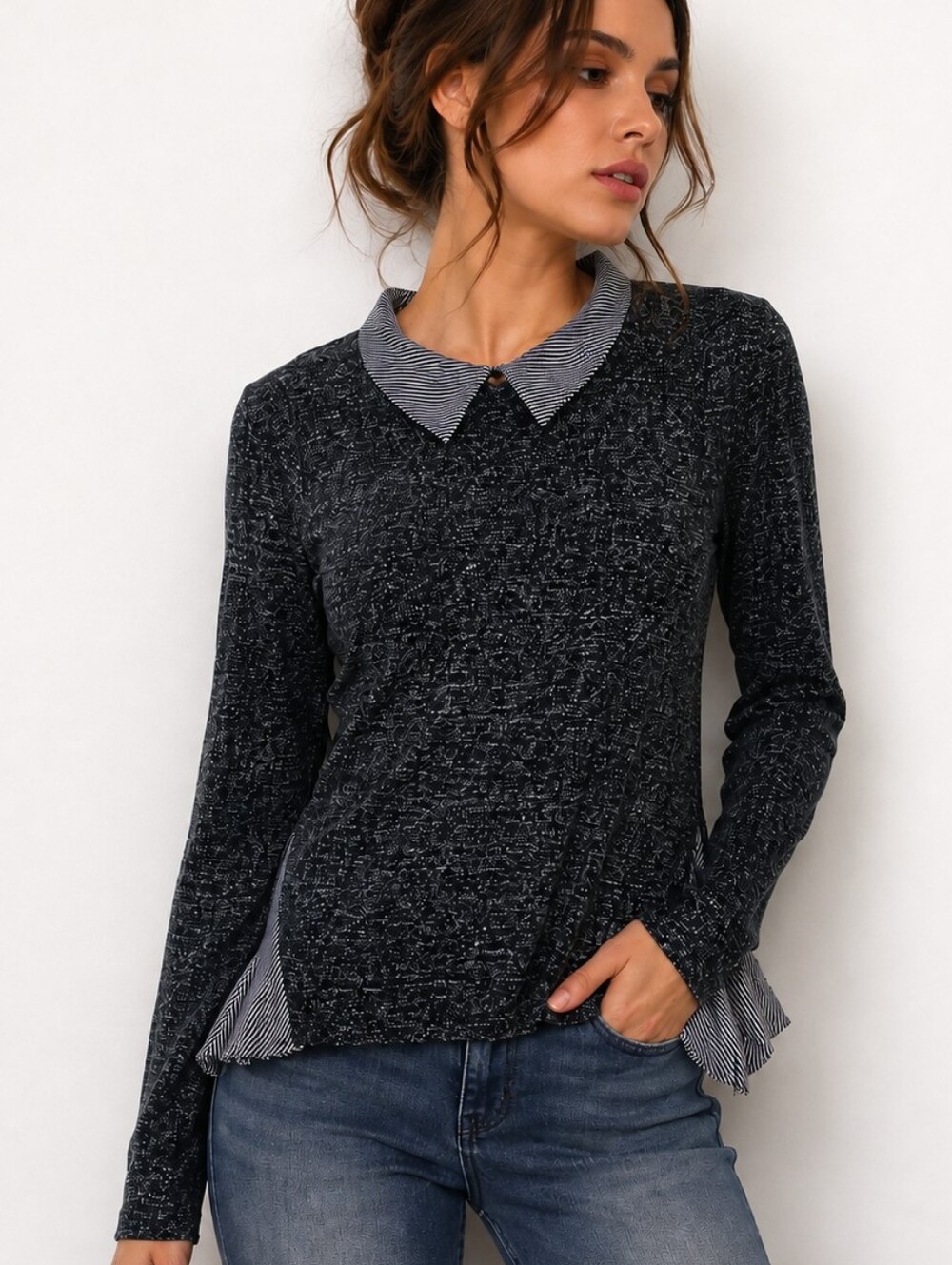 Monteau Women’s Medium Black Marled Top Striped Collar Ruffle Sides Long Sleeve
